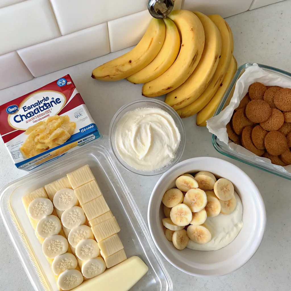 Ingredients for banana pudding cheesecake bars on a counter