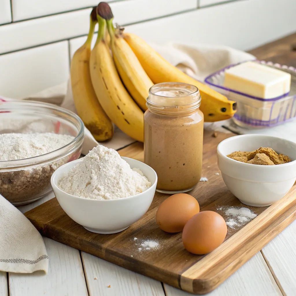 flat lay of banana and peanut butter bread ingredients on wooden counter