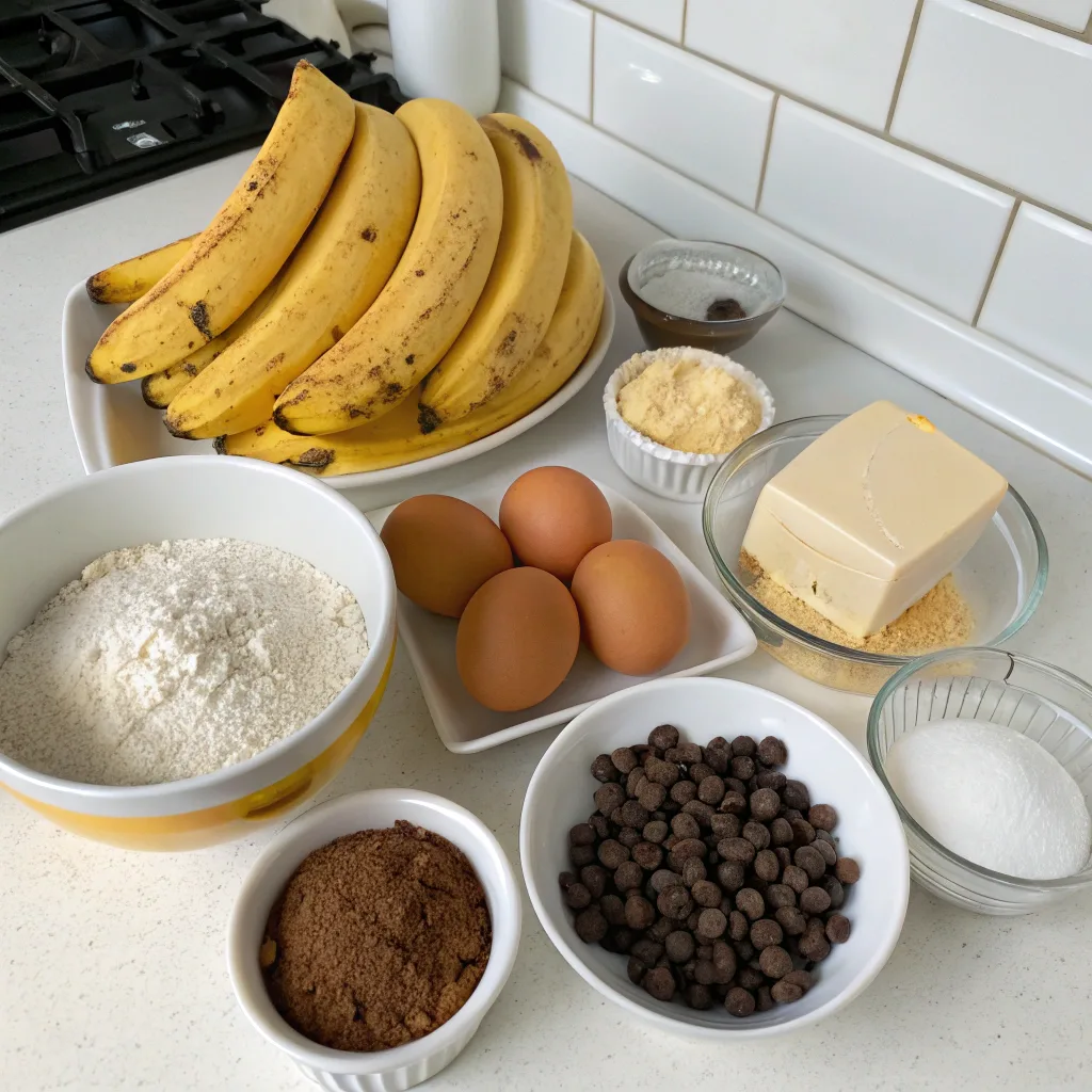 Ingredients for chocolate chip banana bread