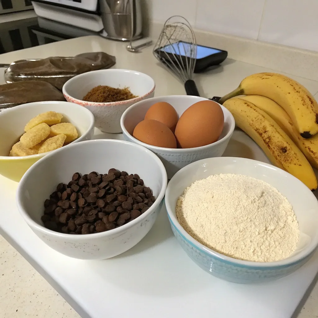 Ingredients for chocolate chip banana muffins
