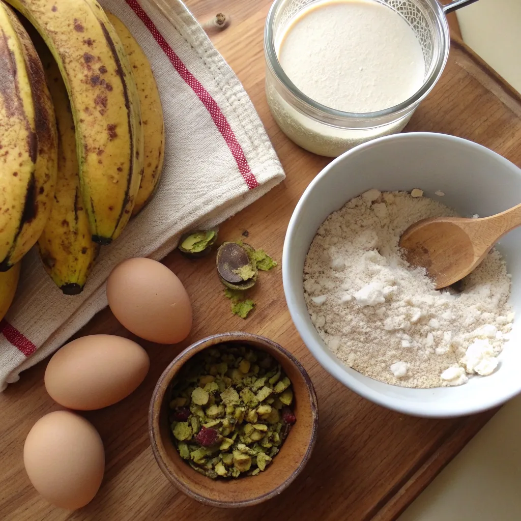 banana bread ingredients with pistachio butter on wooden table