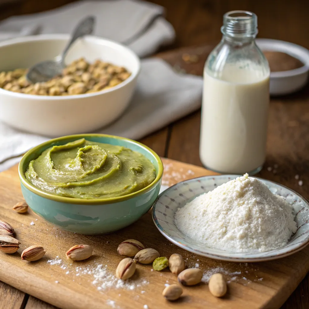 Ingredients for pistachio butter mug cake on table