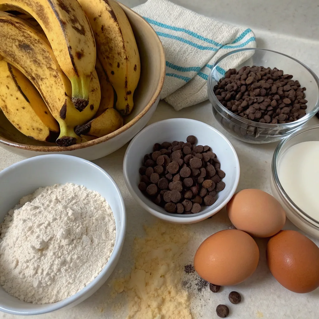 Ingredients for chocolate chip banana bread muffins