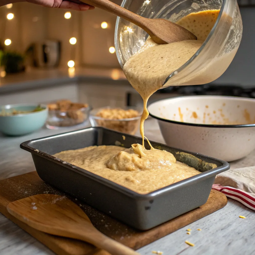 pouring keto banana bread batter into loaf pan