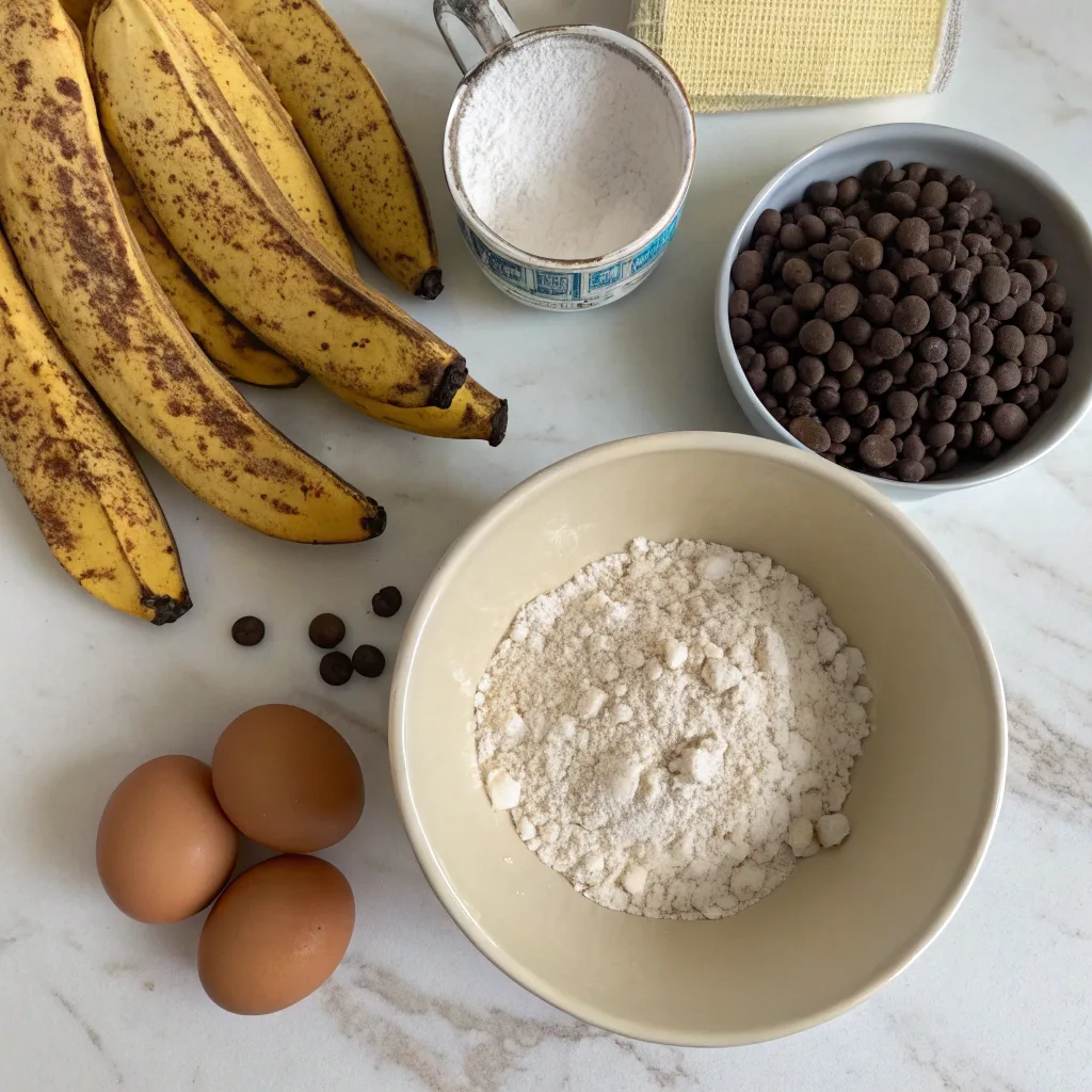 Ingredients for one bowl chocolate chip banana bread