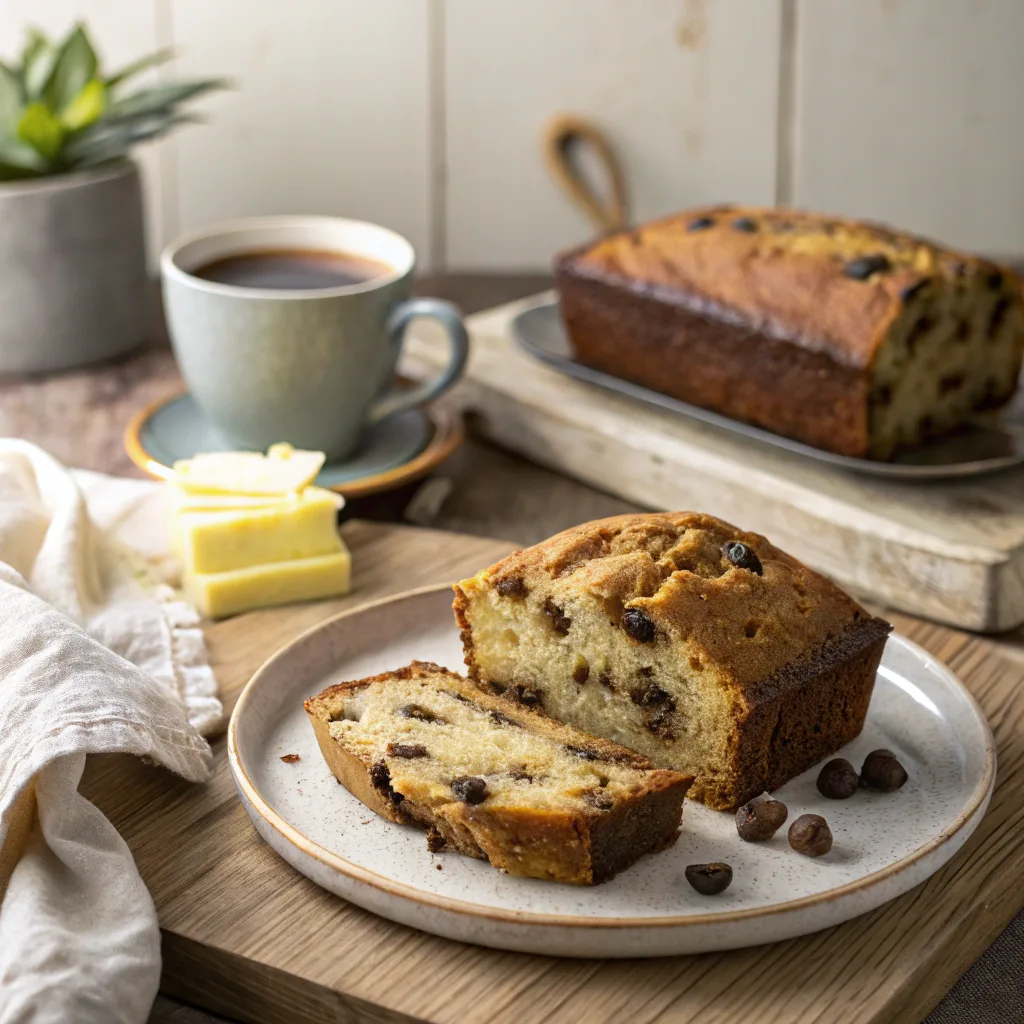 Slice of one bowl chocolate chip banana bread with coffee