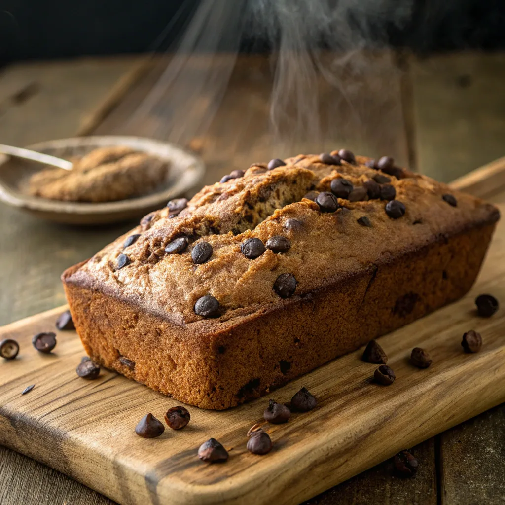 One bowl chocolate chip banana bread fresh and warm on wooden table