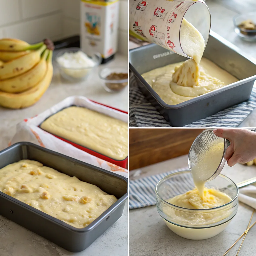 Batter for Pineapple Banana Pudding Cake being poured