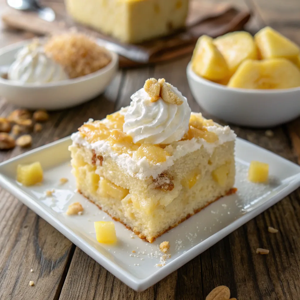 Pineapple Banana Pudding Cake slice topped with whipped cream