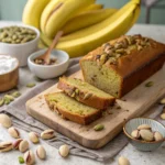 Pistachio Butter Banana Pound Cake sliced on board