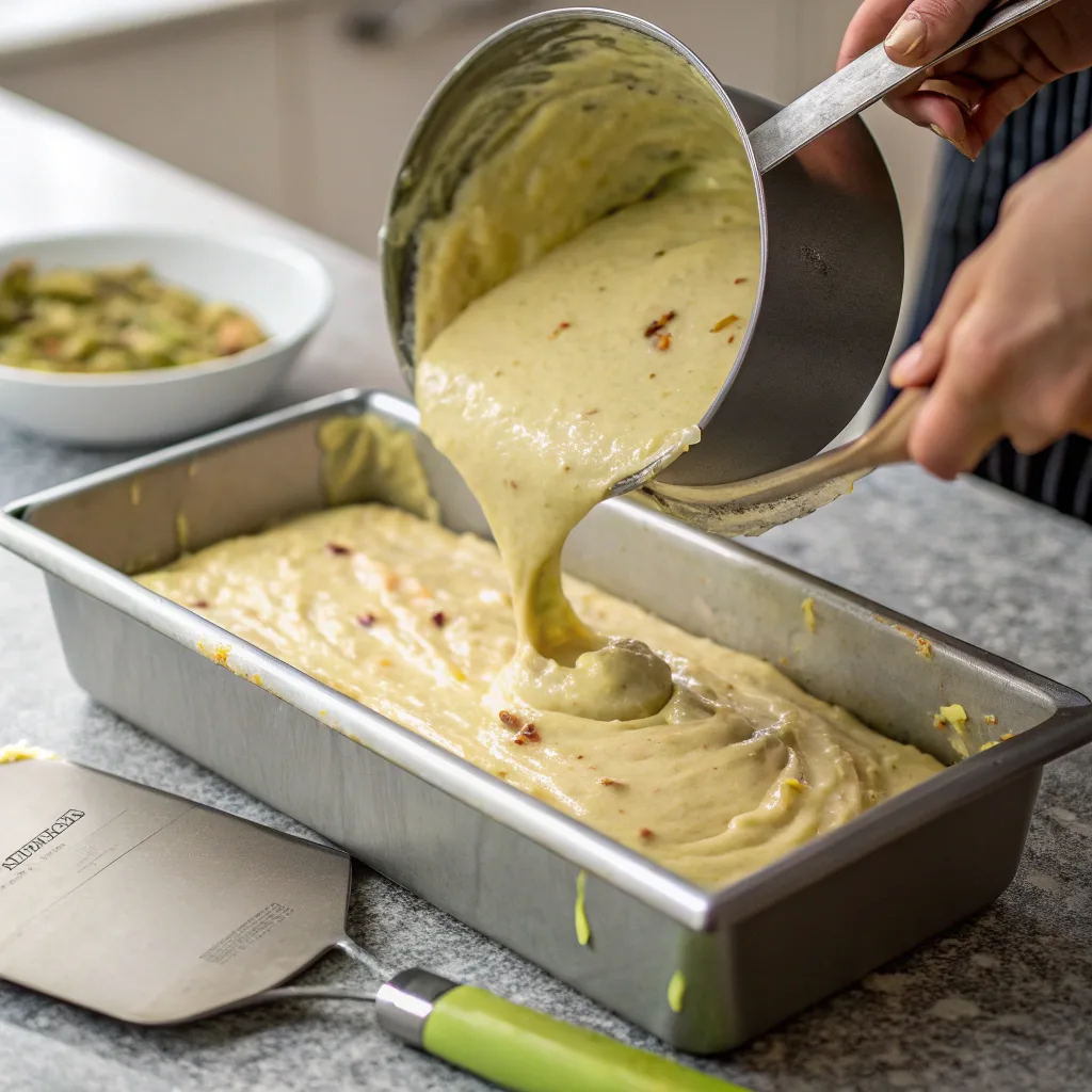 Pouring pistachio banana batter into pan