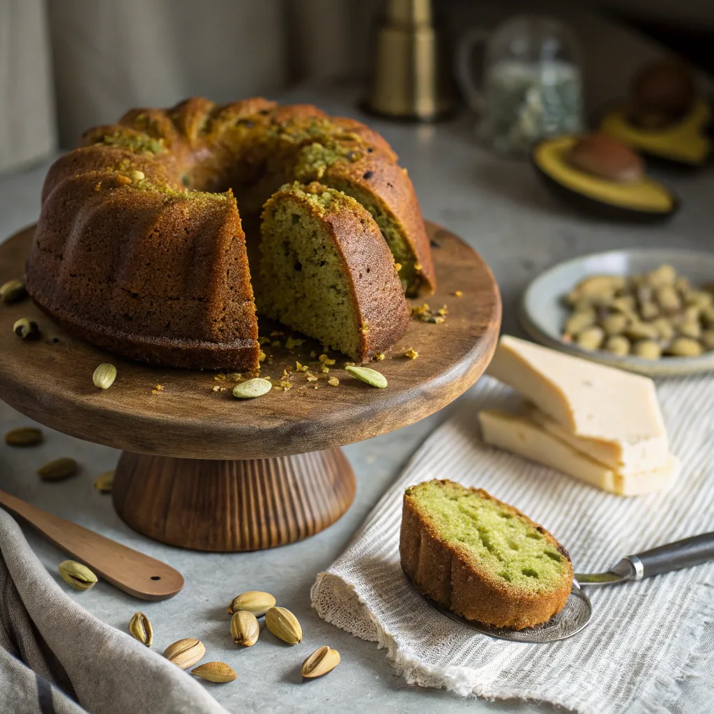 Freshly sliced Pistachio Butter Banana Pound Cake on cake stand