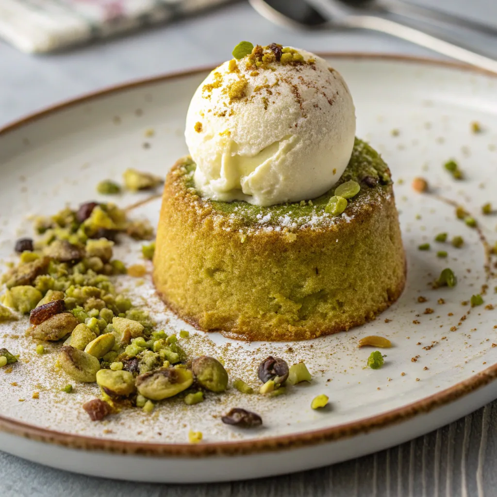 Served pistachio butter mug cake with toppings