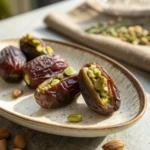 pistachio butter stuffed dates served on a plate