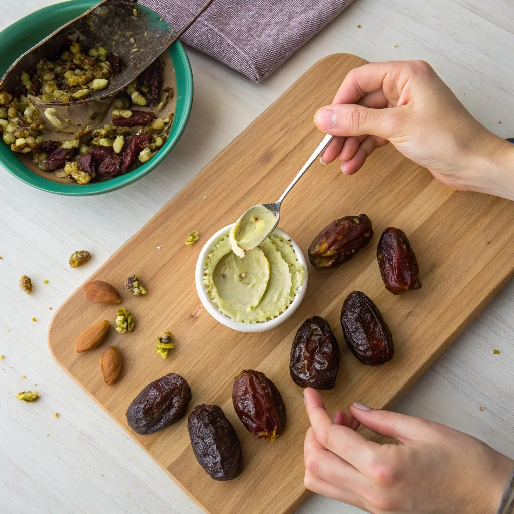 filling Medjool dates with pistachio butter