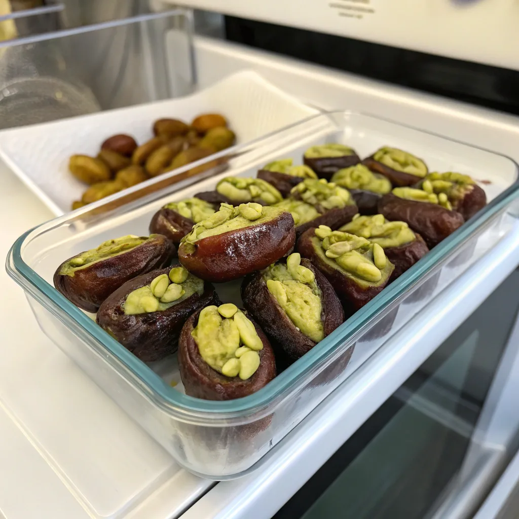 storing pistachio butter stuffed dates in container