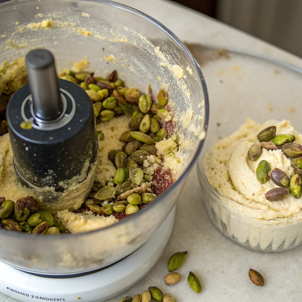 pistachios blending in food processor for easy pistachio butter recipe