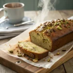 sliced pistachio butter banana bread loaf on wooden cutting board