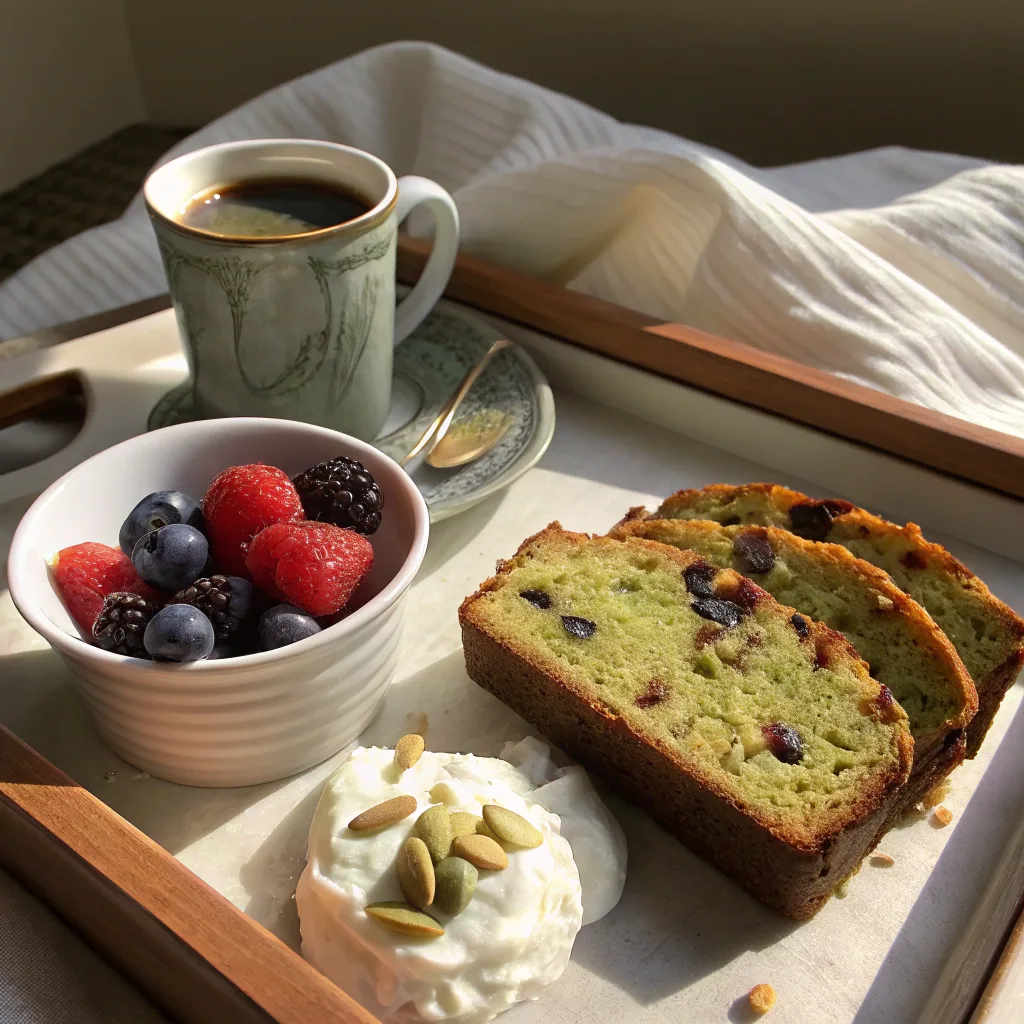 pistachio butter banana bread slice with yogurt and berries