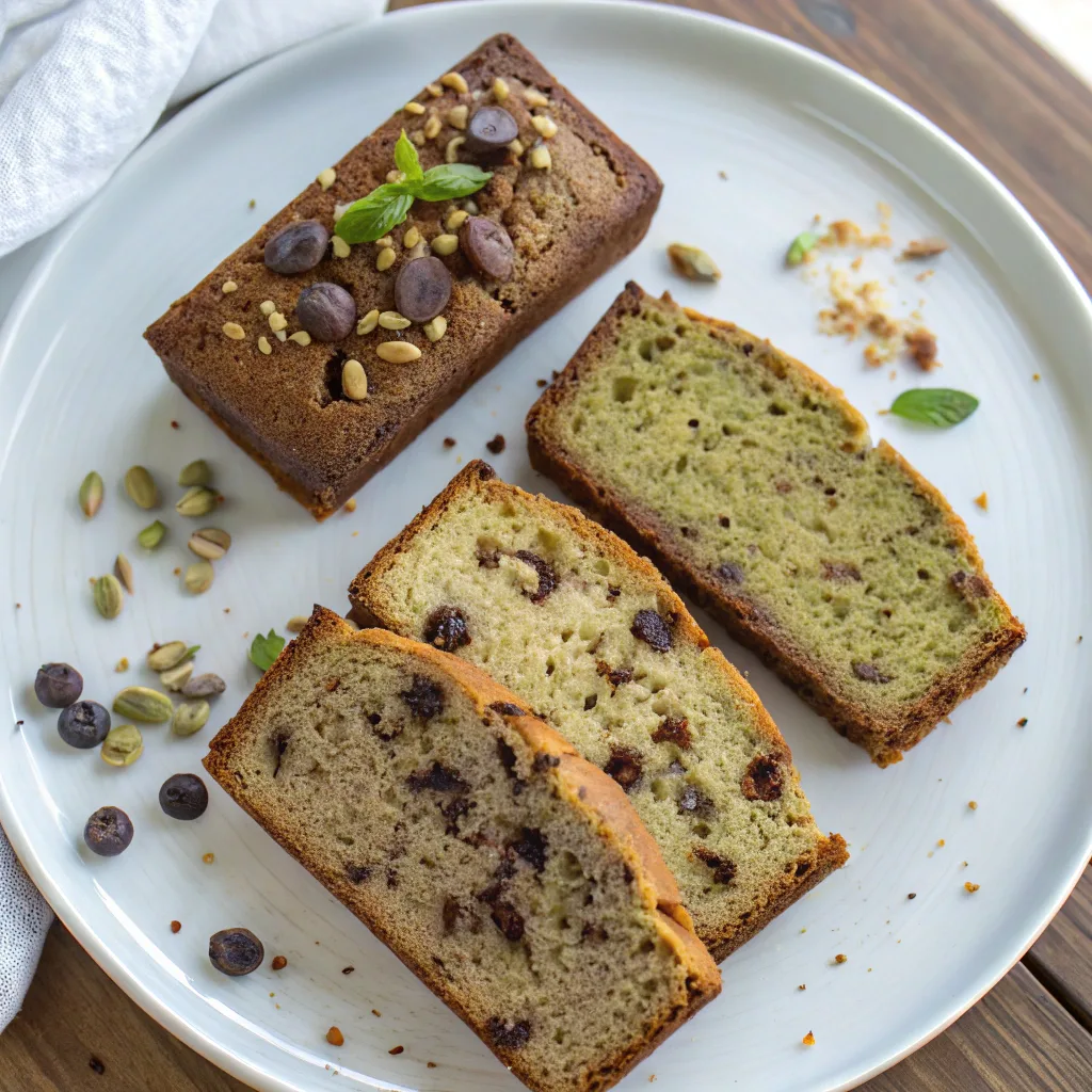 three pistachio butter banana bread variations on plate