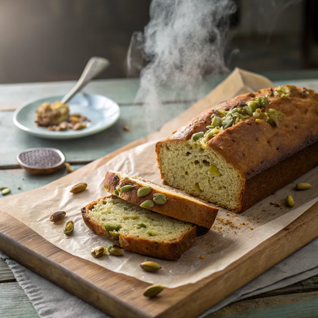 sliced pistachio butter banana bread loaf on wooden cutting board