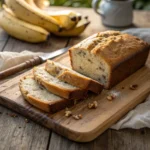 moist vanilla bean banana bread on wooden board