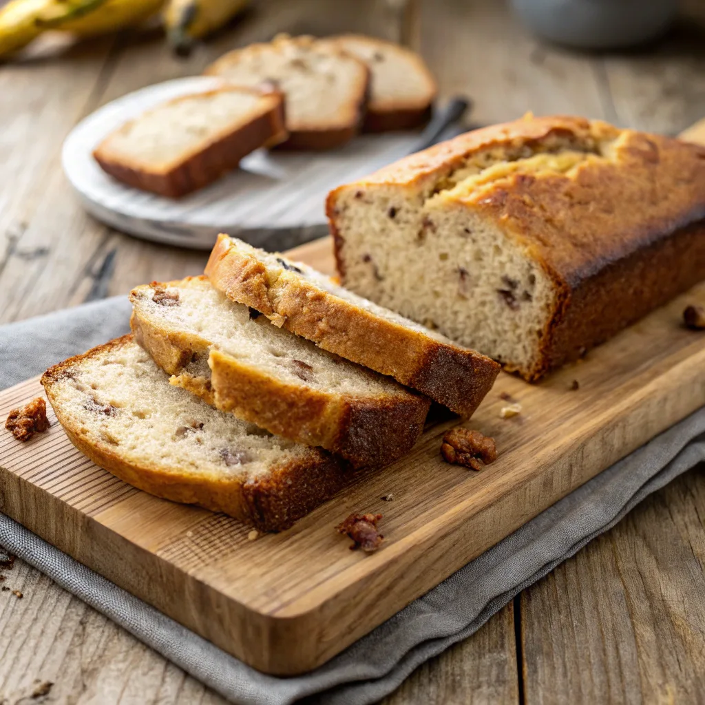 moist vanilla bean banana bread on wooden board