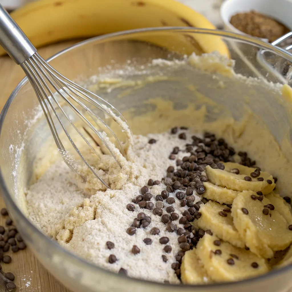 mixing banana bread batter with vanilla bean