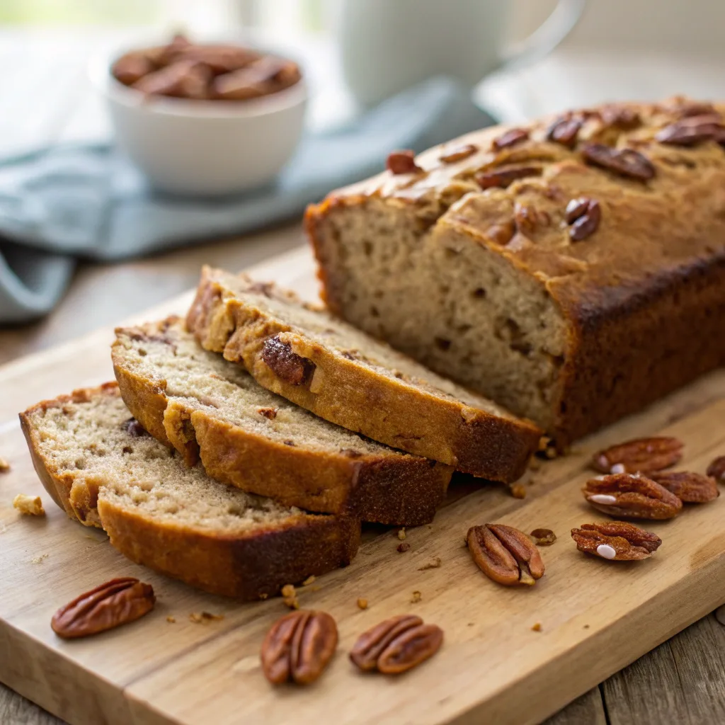 Moist banana pecan bread on wooden board