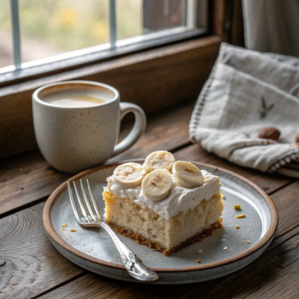 Banana pudding tres leches cake served with coffee