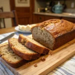 Freshly sliced brown butter banana bread on a rustic wooden board