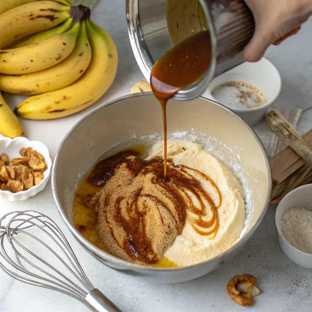 Browned butter being mixed into banana bread batter