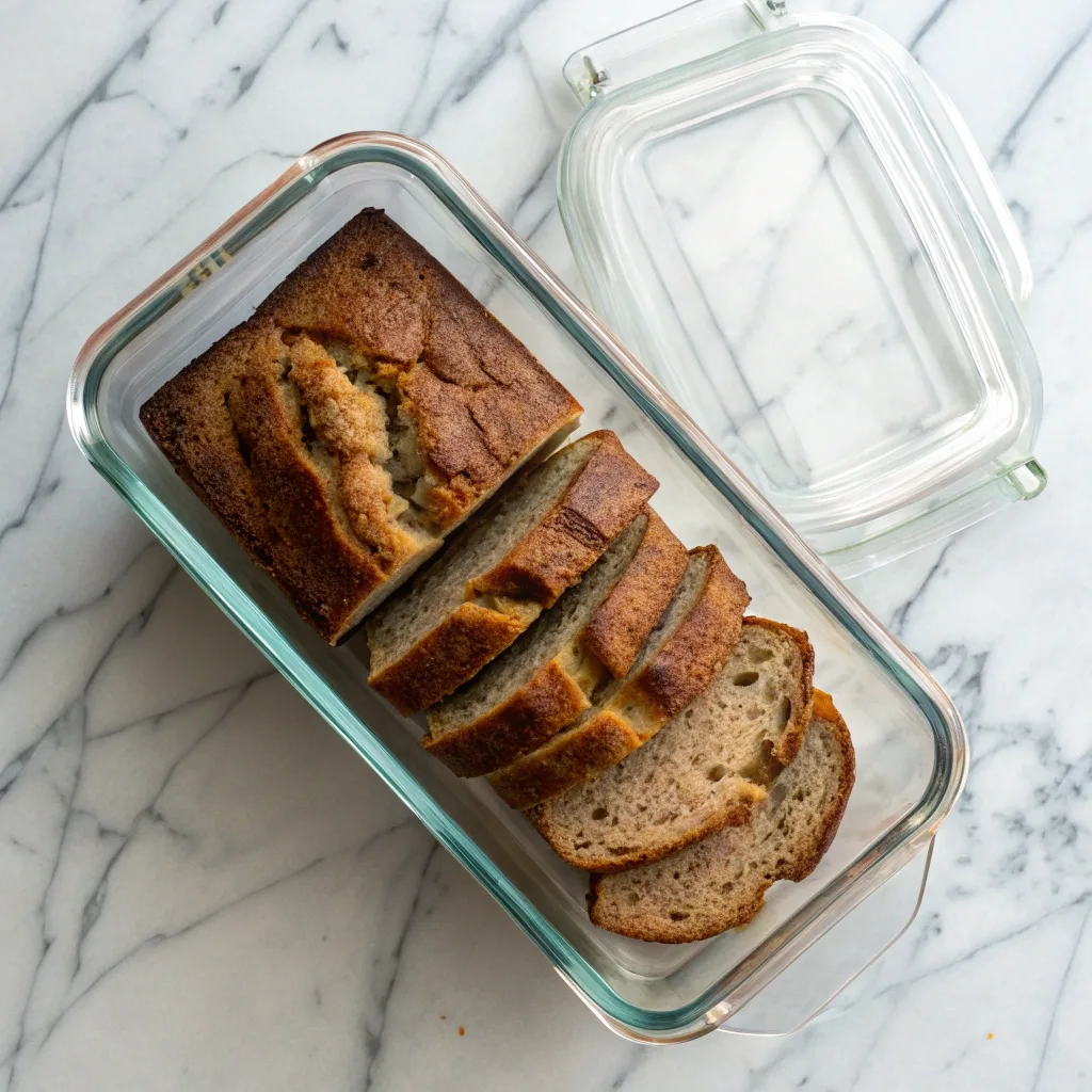 Brown butter banana bread stored in a sealed glass container