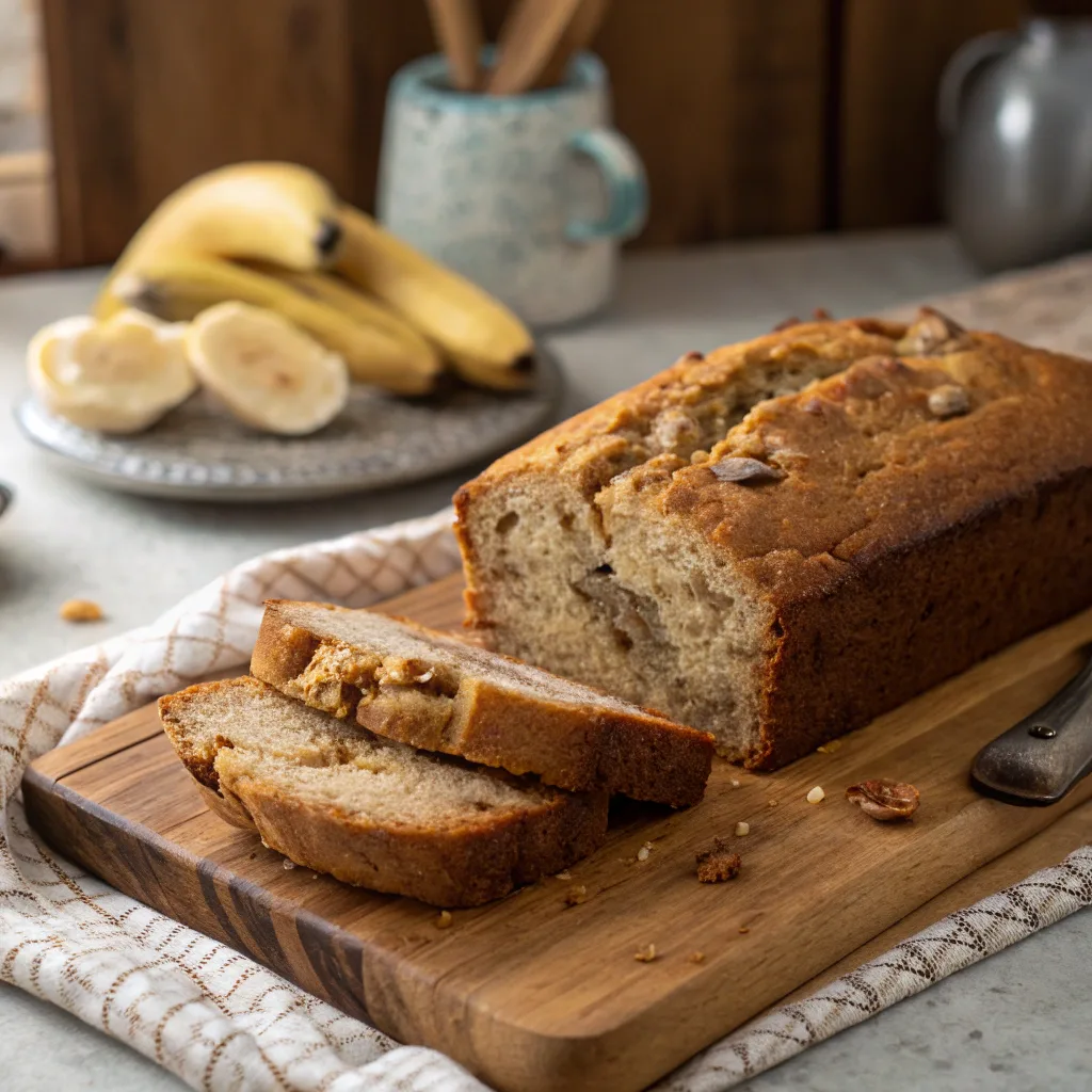 Freshly sliced brown butter banana bread on a rustic wooden board