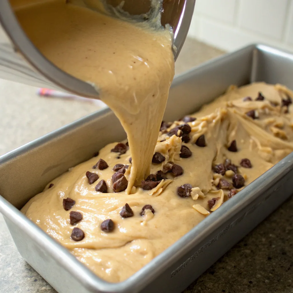 Chocolate banana peanut butter bread batter in loaf pan