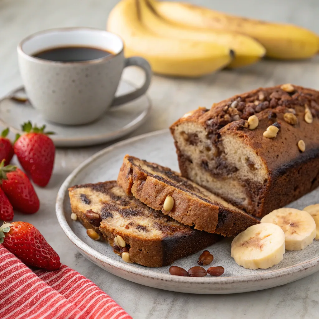 Sliced chocolate banana peanut butter bread served with coffee
