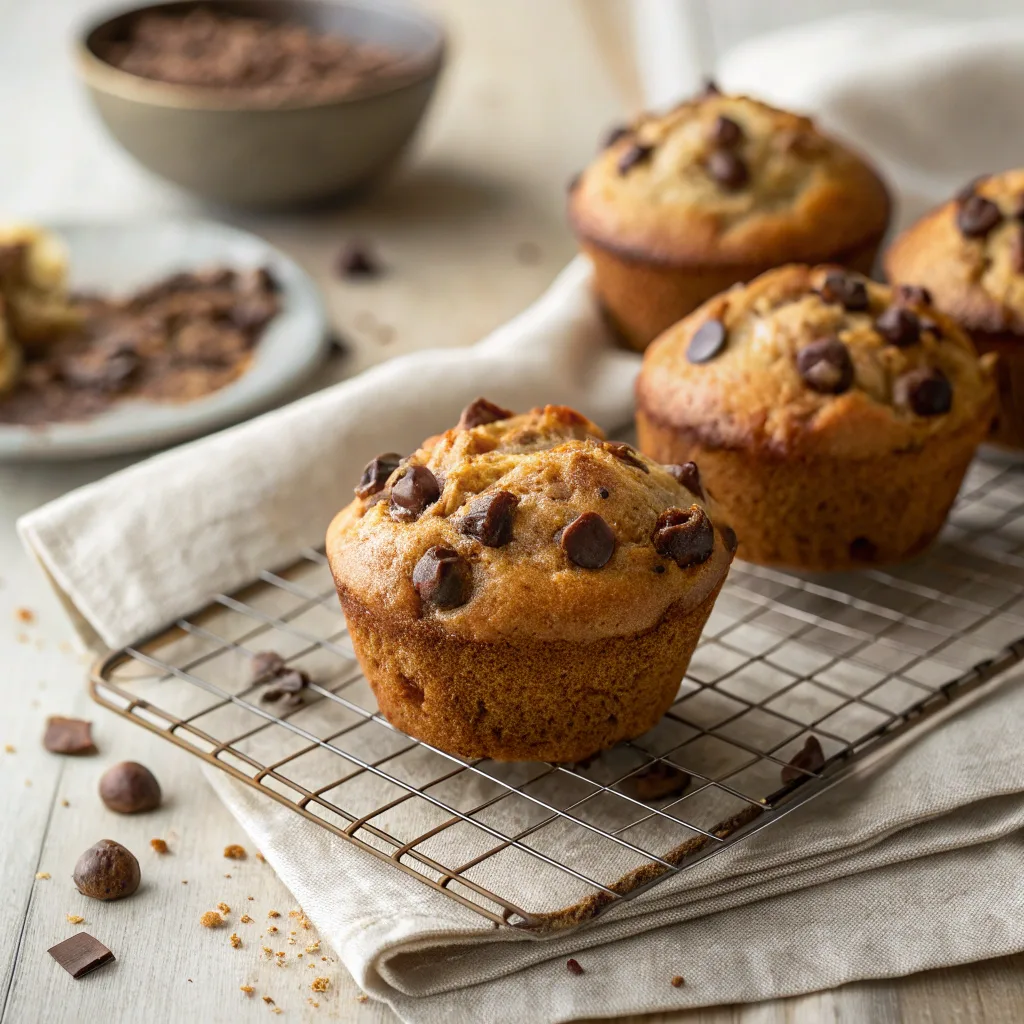 Chocolate chip banana bread muffins fresh out of the oven