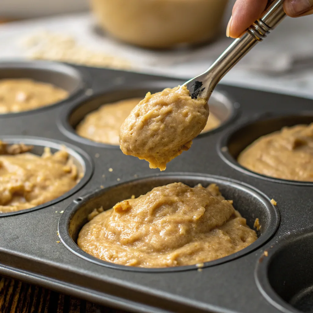 Scooping banana muffin batter into tin