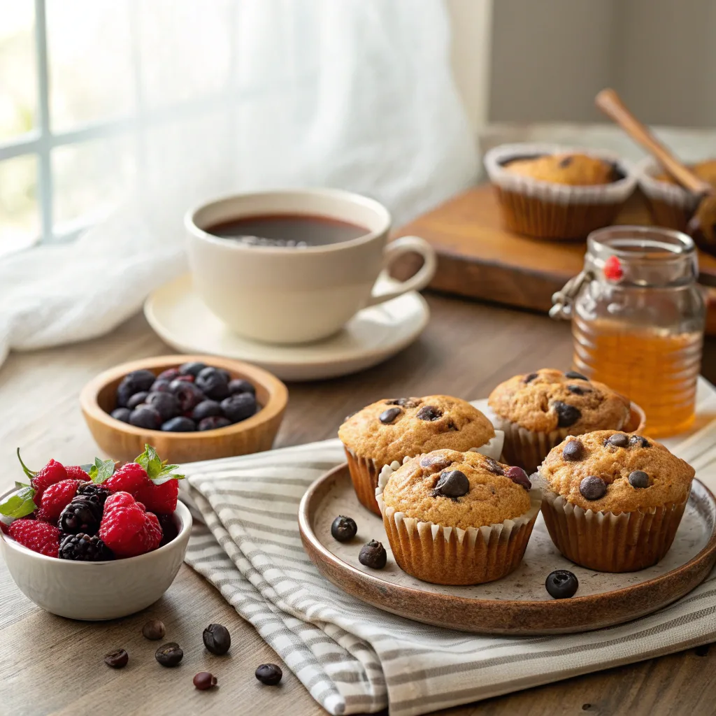Chocolate chip banana bread muffins brunch setup