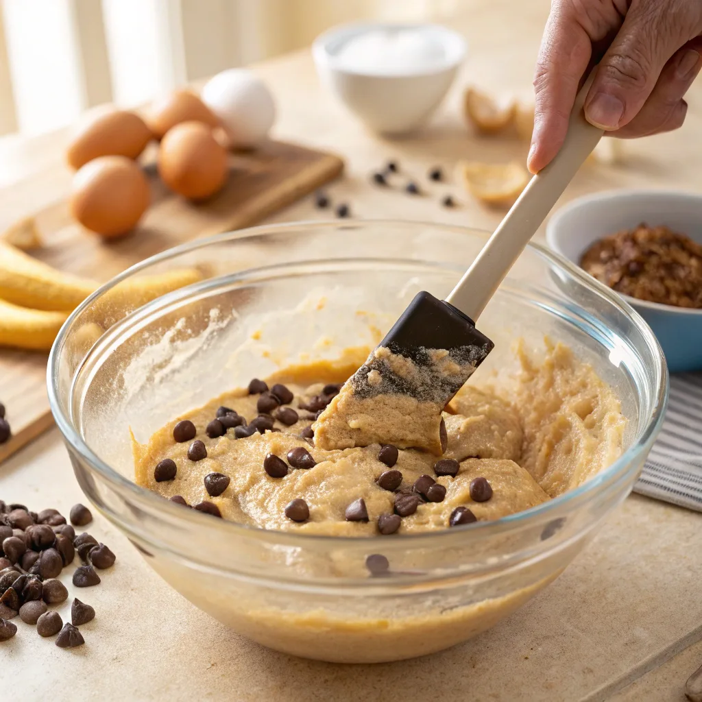 Mixing chocolate chip banana bread batter
