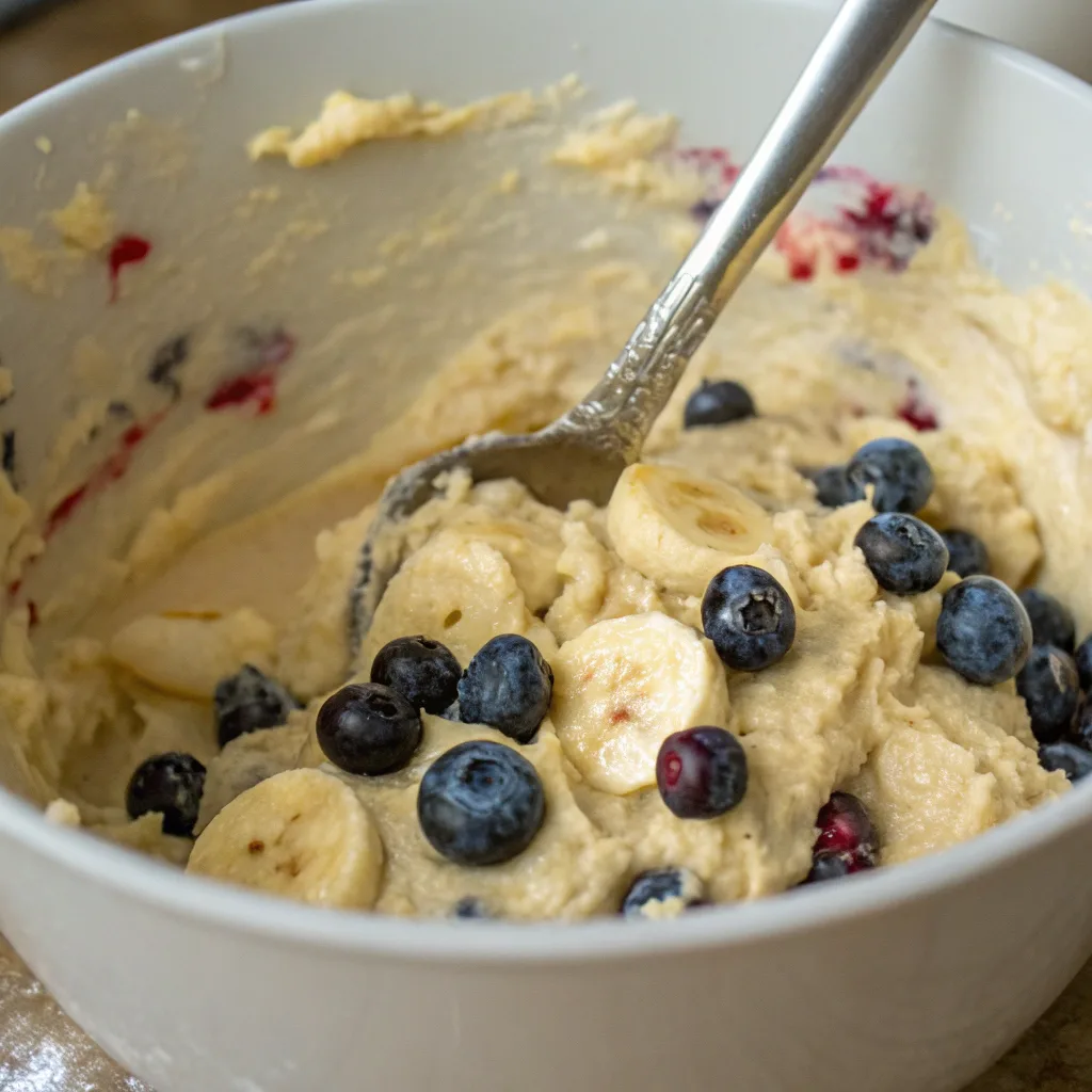 Health banana blueberry muffin batter with fresh fruit