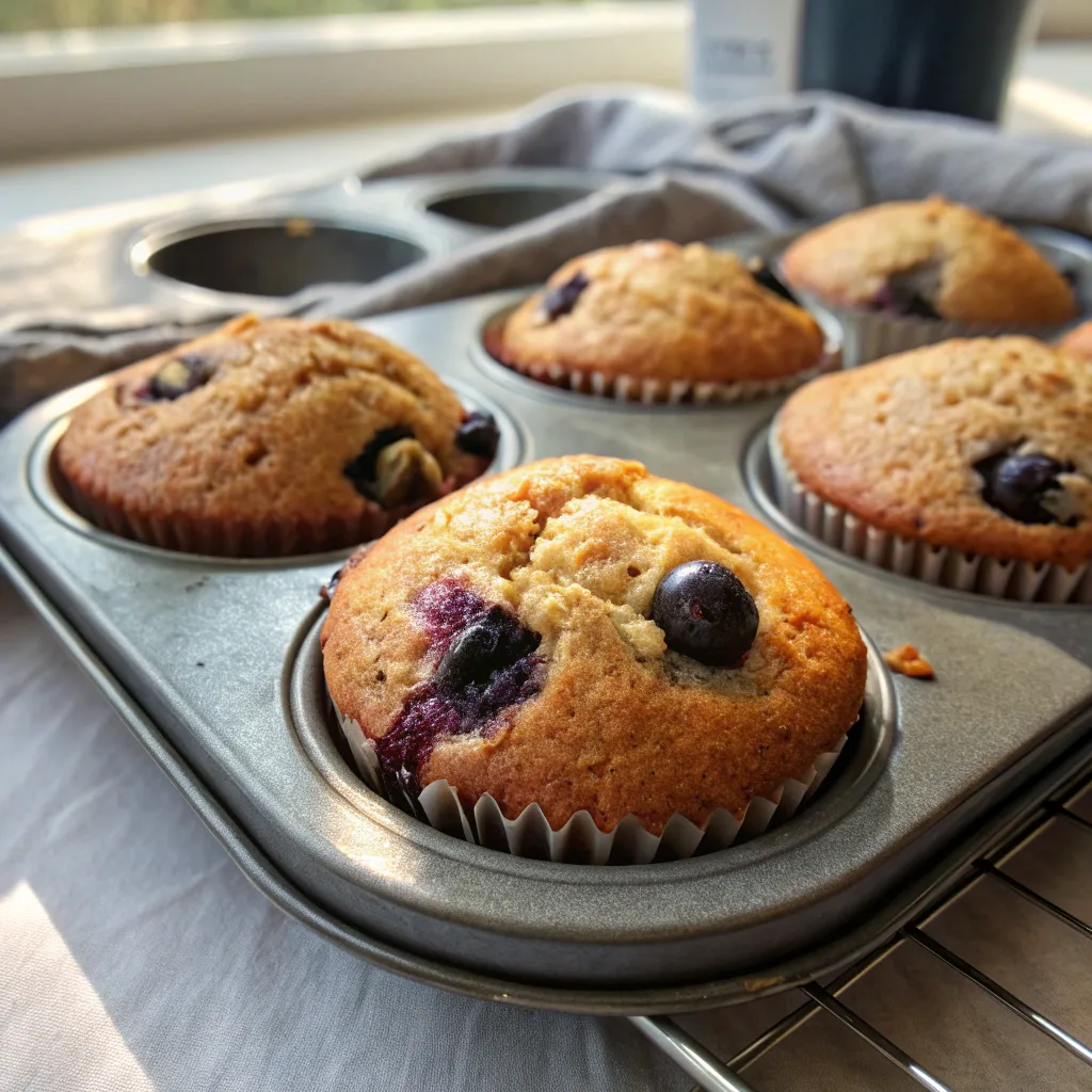 Freshly baked health banana blueberry muffins in tray