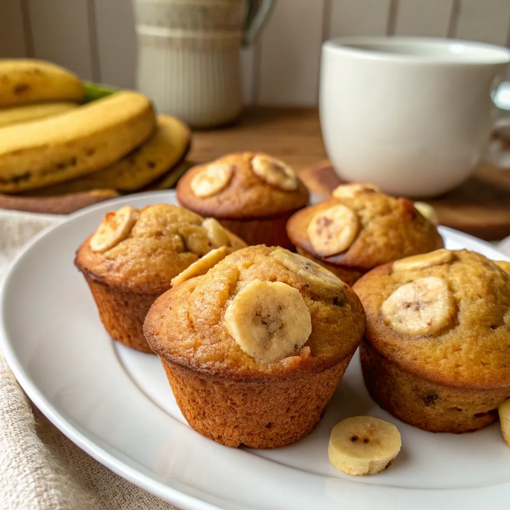 fresh-baked mini banana muffins on white plate