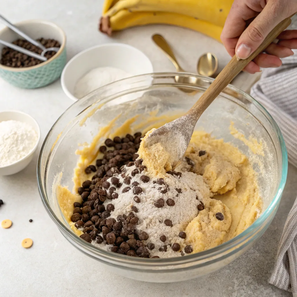 Mixing easy chocolate chip banana bread batter