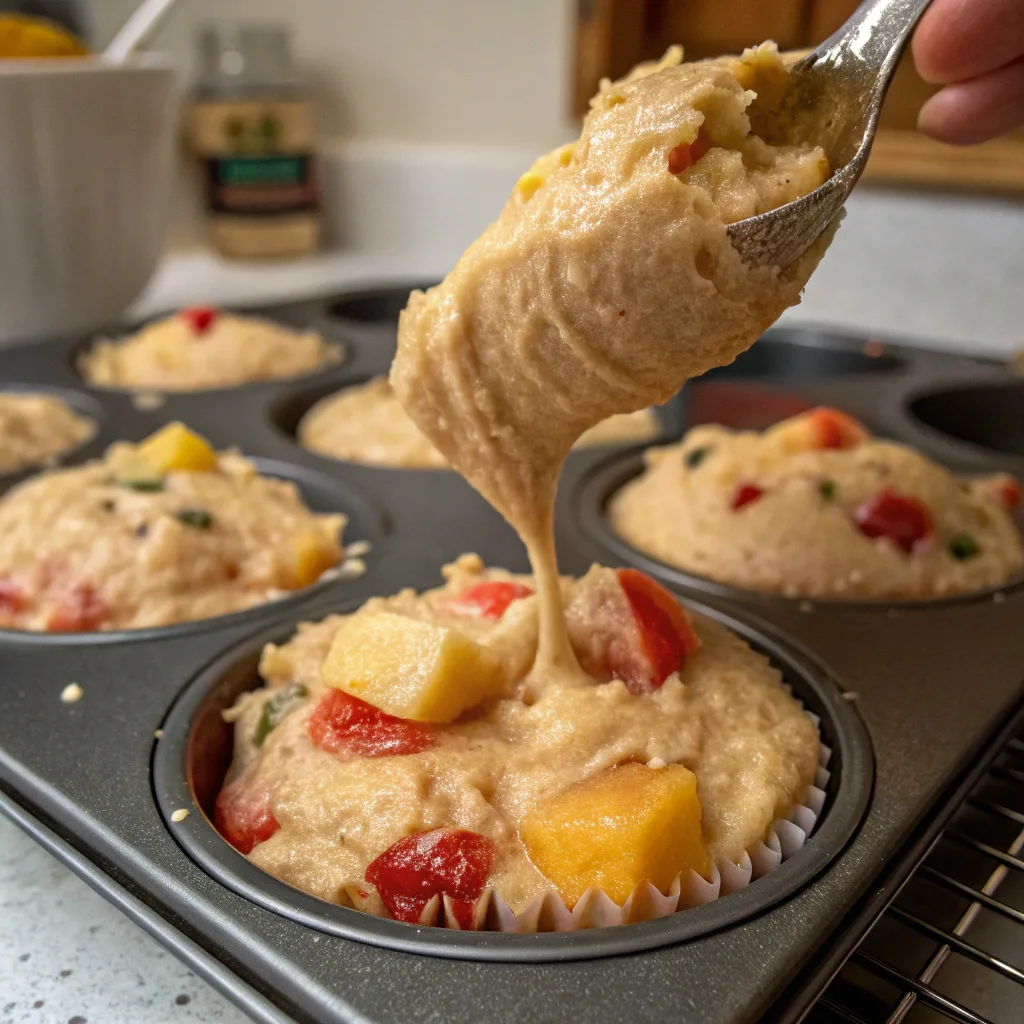 Pineapple banana muffin batter being scooped