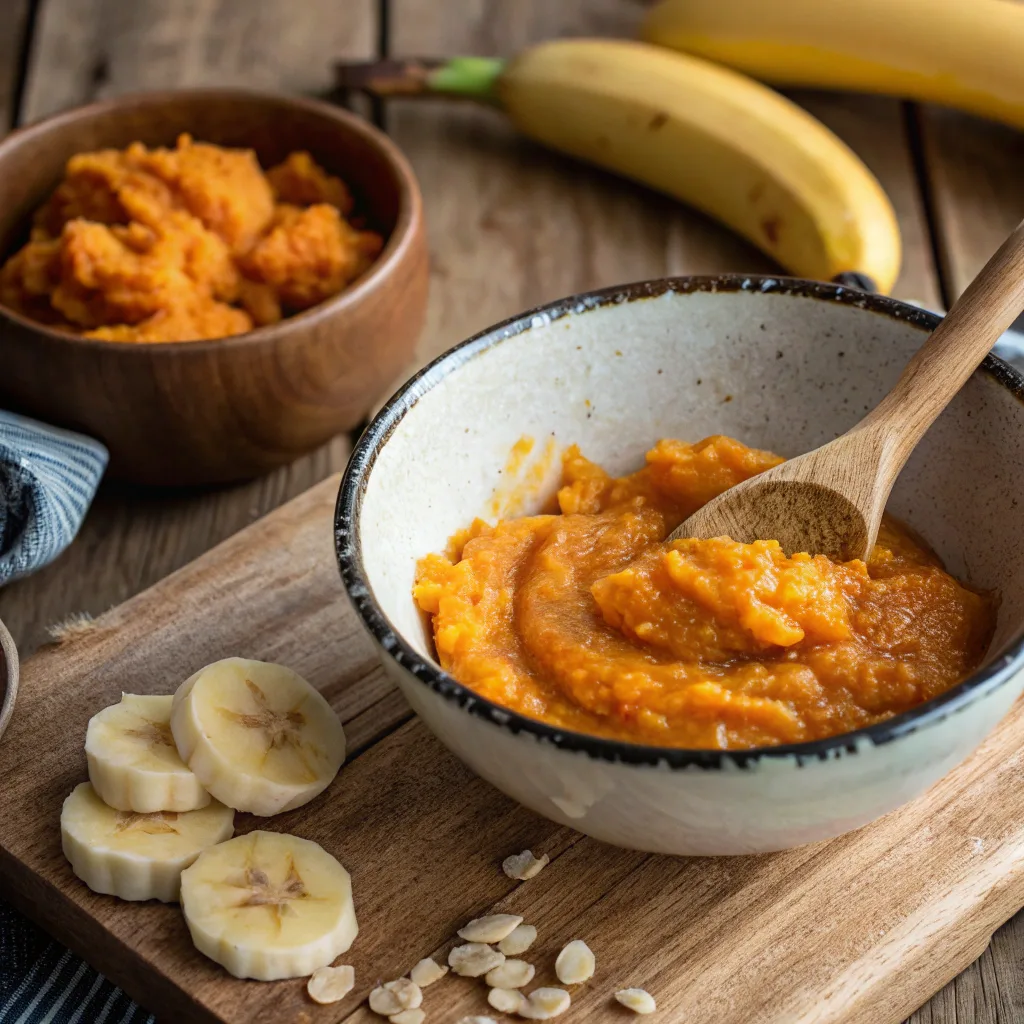 Mixing pumpkin and banana for muffin batter