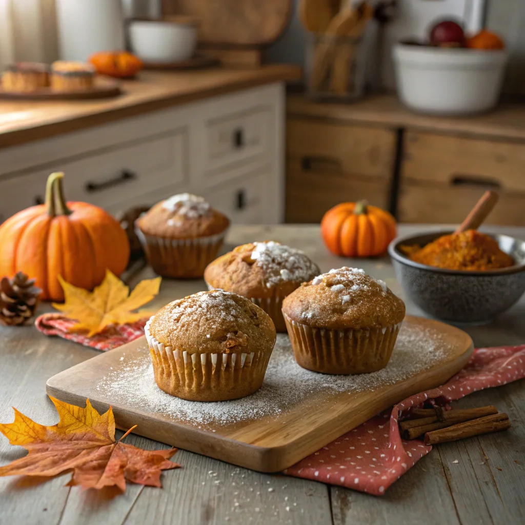Freshly baked pumpkin banana muffins on a kitchen table