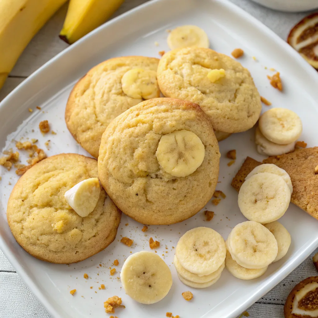 Freshly baked banana pudding cake mix cookies on a plate