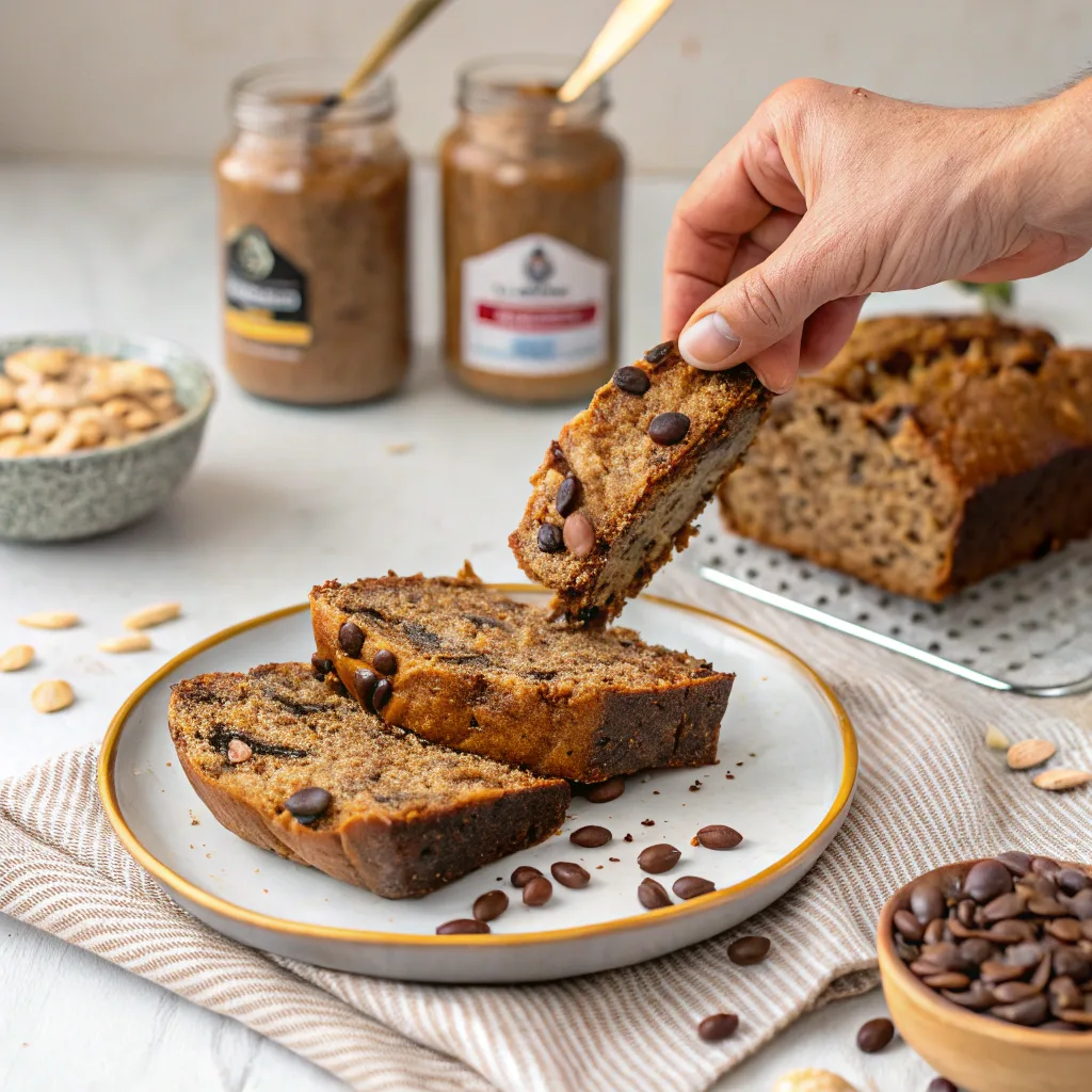 Slice of vegan black bean banana bread on plate