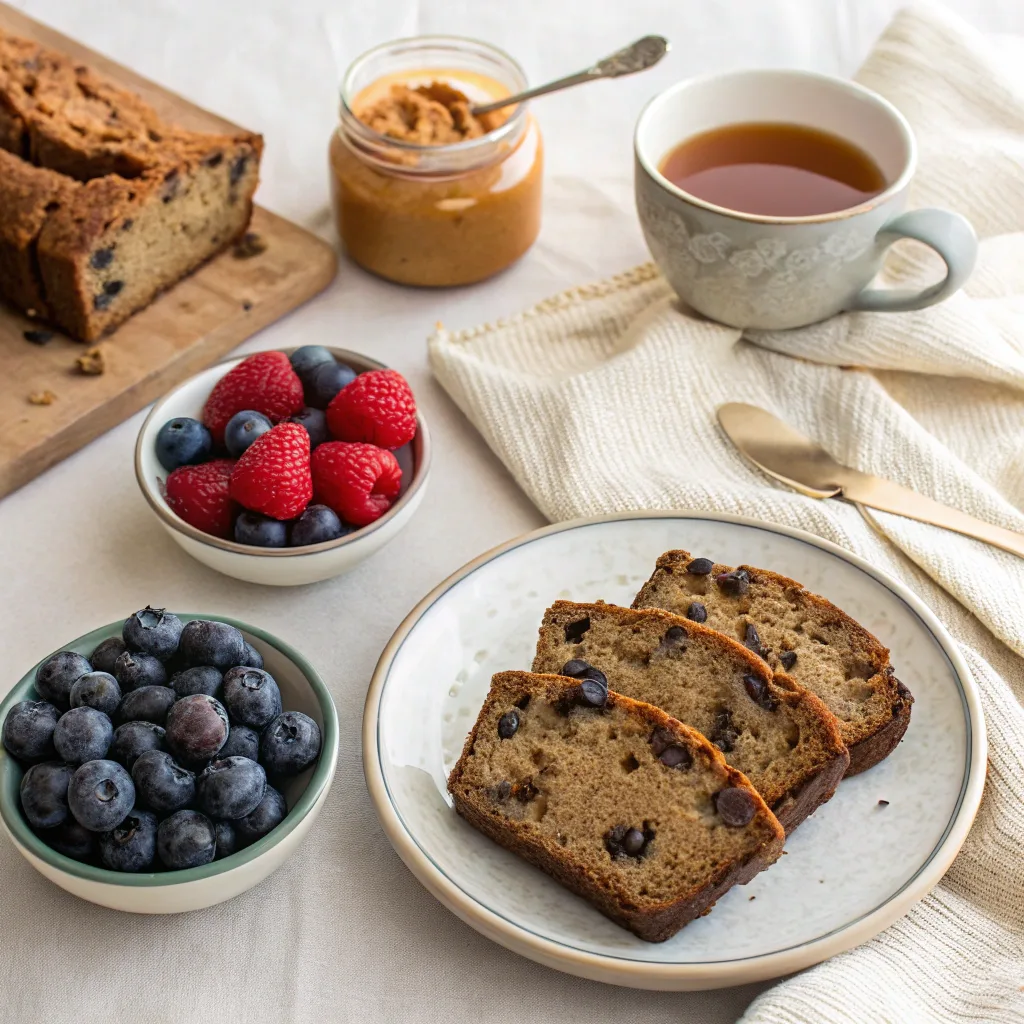 Black bean banana bread served for breakfast with berries